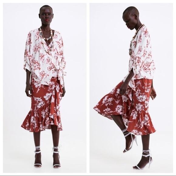 NWOT ZARA Skirt M Wrap Ruffle Midi Floral Linen Blend Button Waist Burgundy - Picture 2 of 13